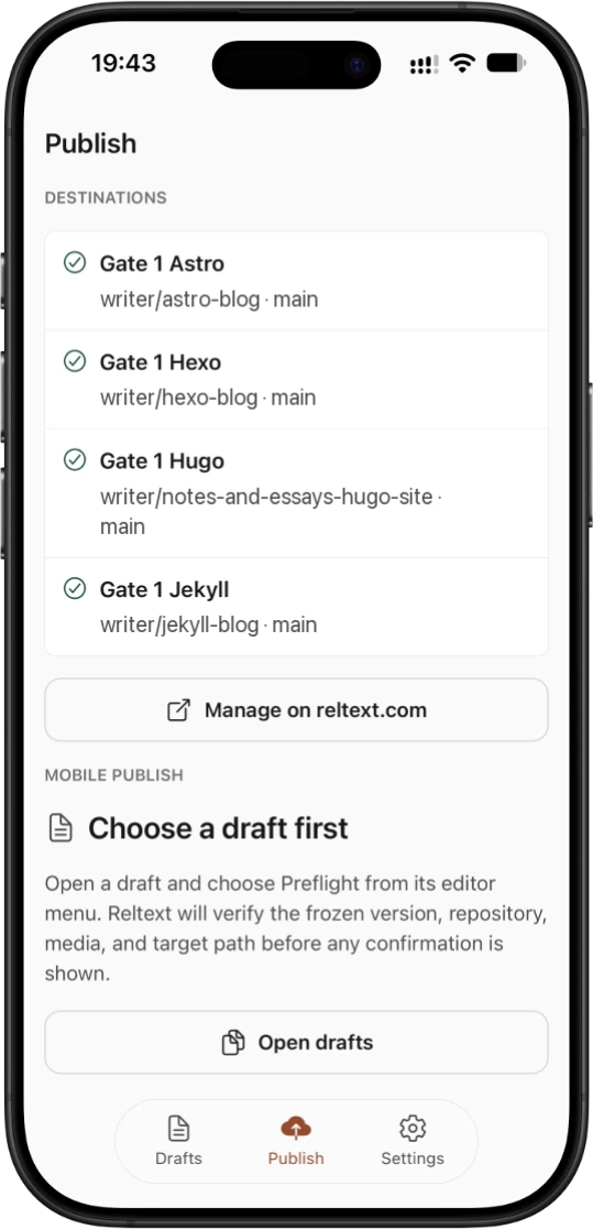 Reltext Mobile publishing destinations on iPhone